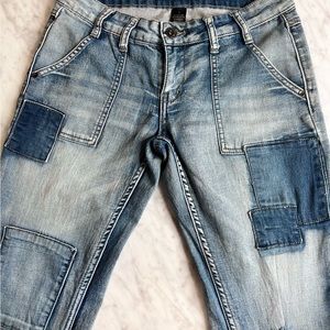 Flare bottom stretchy patch jeans